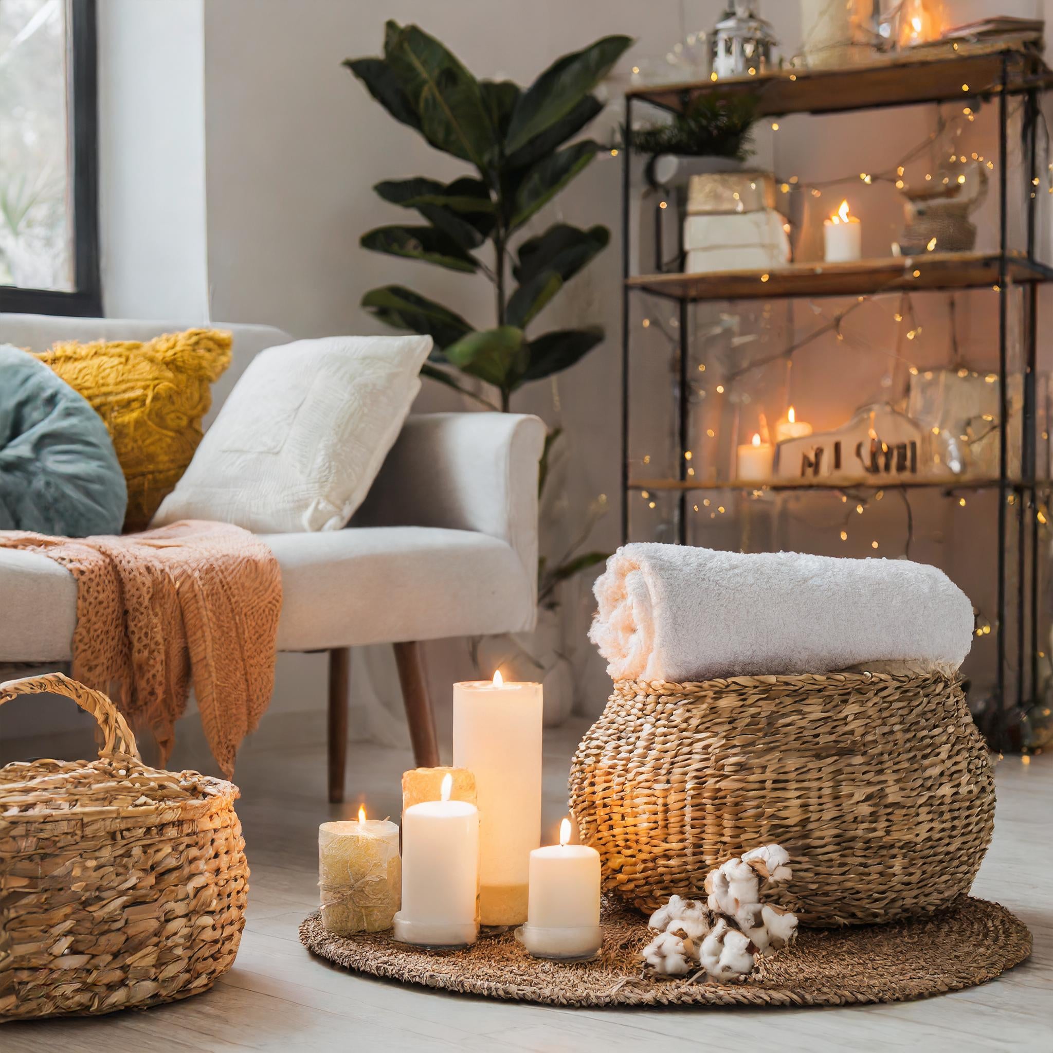 A cosy room with a white sofa, tall plant, fairy lights, round baskets with towels and church candles sitting on a rug
