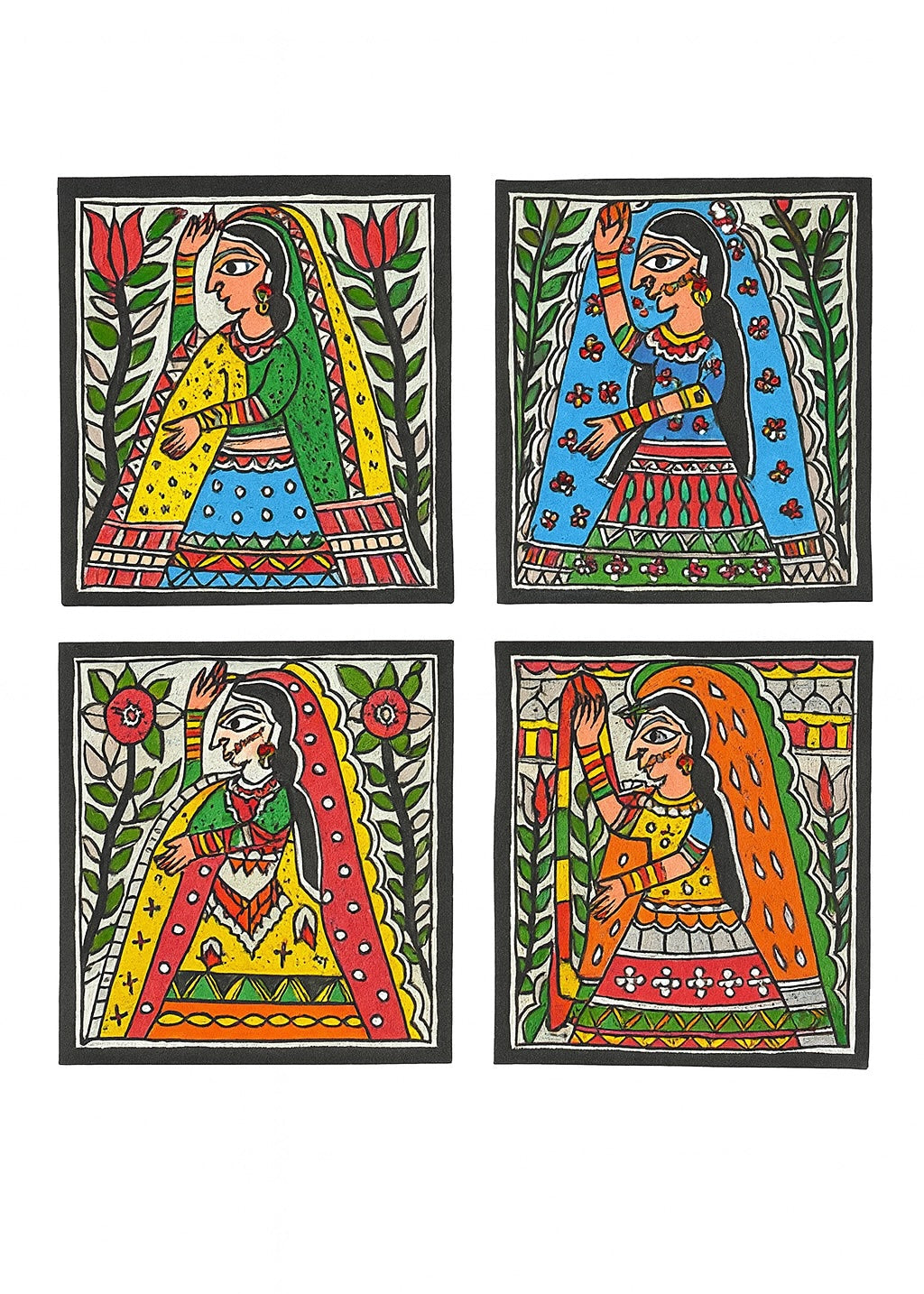 Traditional Authentic Indian Painting Abstract Design Four Indian Ladies Multi Colour Painting Only Madhubani artwork on Paper