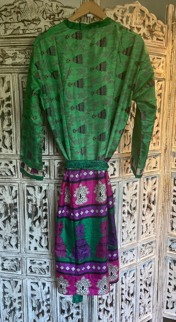 Green Dressing Gown Made from Recycled Sari's With Matching Eye Mask Small / Medium