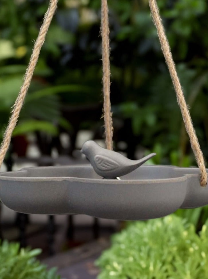 Bird Oasis Bird Bath - Earthy Anthracite Bamboo Hanging Feeder W23.3cm