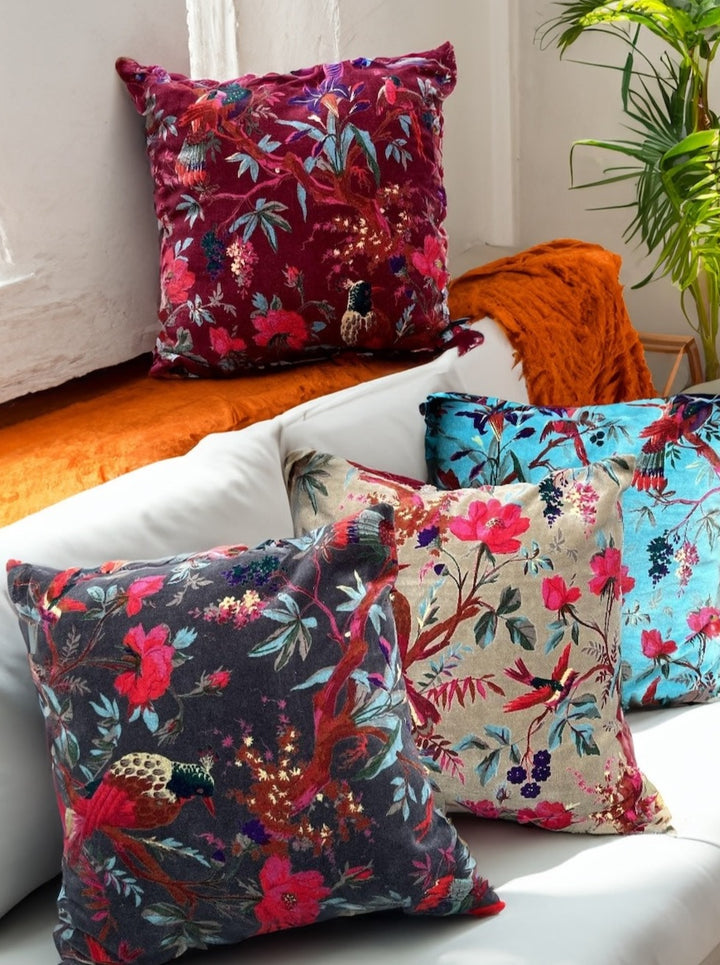 Velvet Cushion Cover with Bird of Paradise Design 4 Colours Available