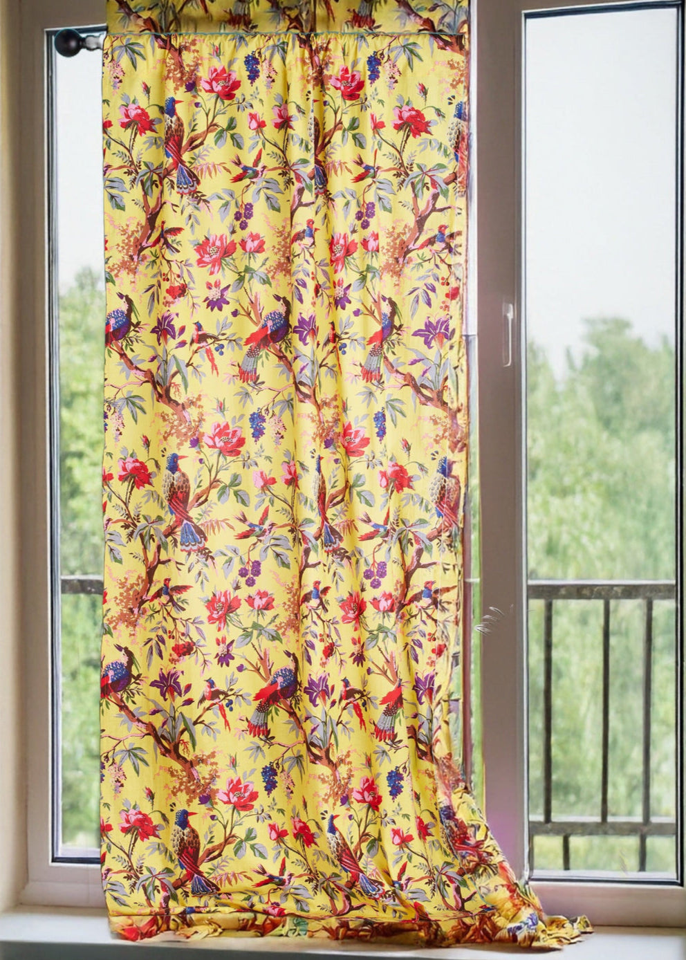 Yellow Cotton Bird Of Paradise Curtain Panel - Second Nature Online