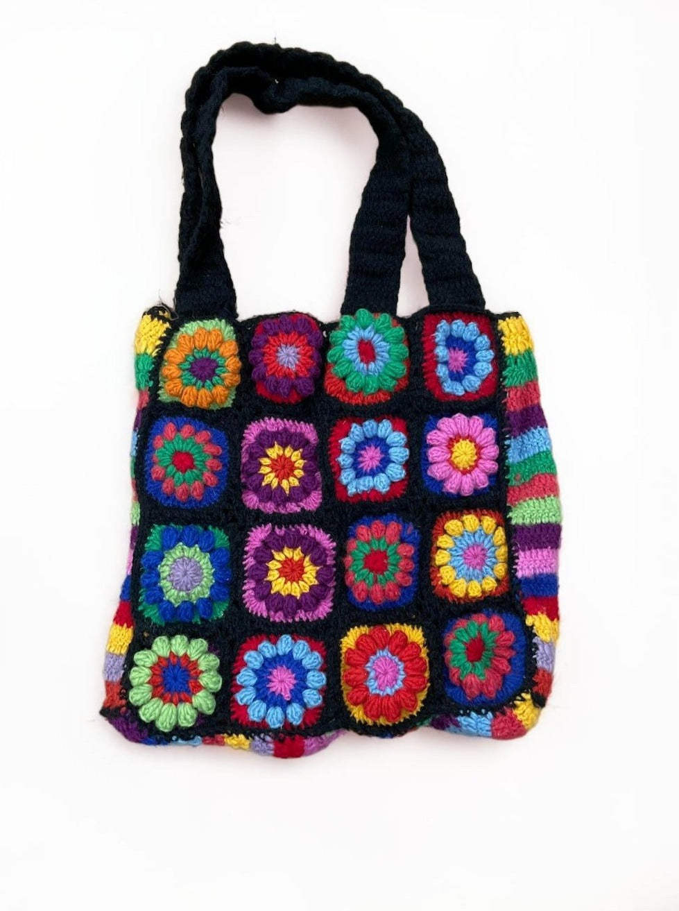 Rainbow Bag Black Wool Crochet Bag Granny Squares 46 cm x 44