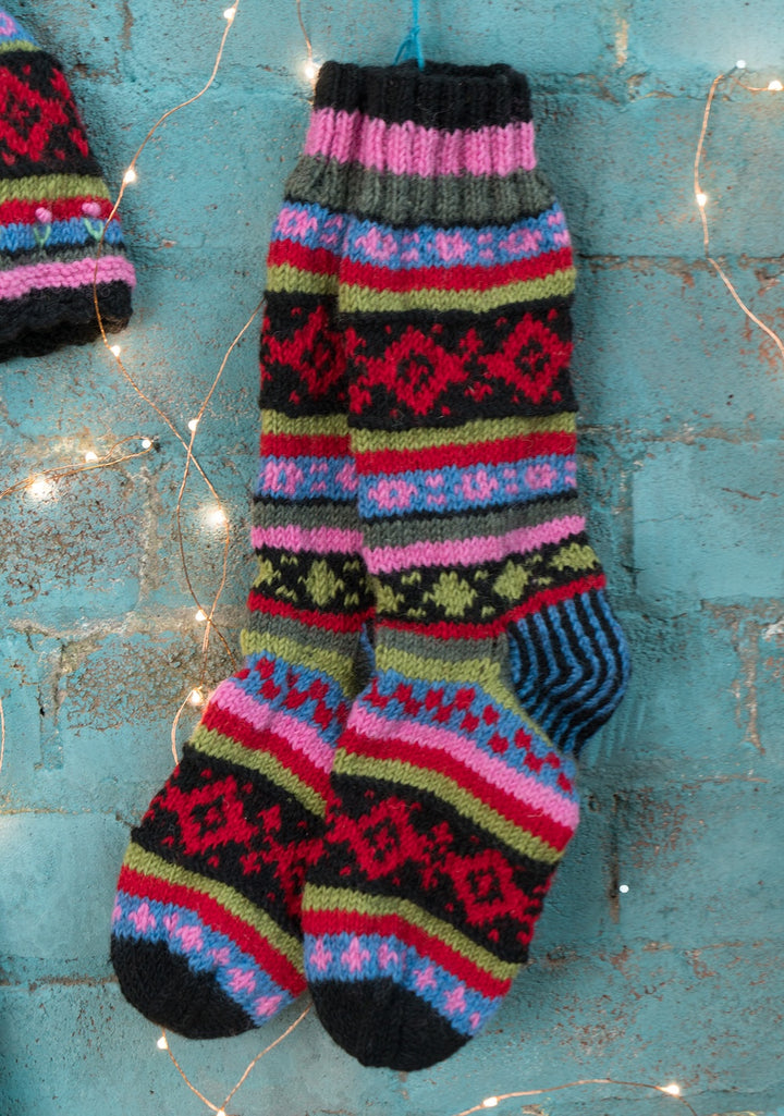 New Zealand Wool Large Socks Black Red Pink Multi Colours Striped Pattern