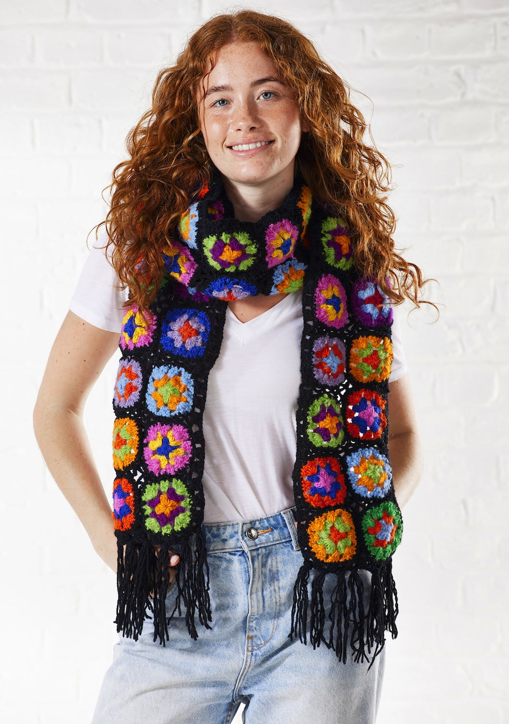 Black Granny Square Pattern Handmade Scarf Ethical Fashion