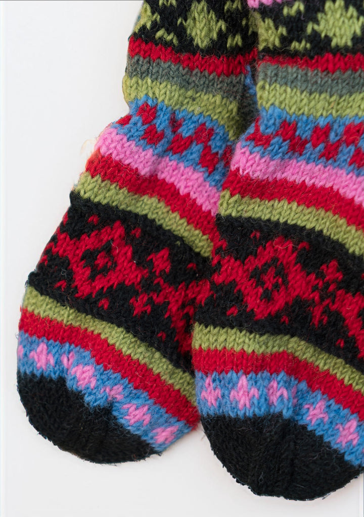 New Zealand Wool Large Socks Black Red Pink Multi Colours Striped Pattern