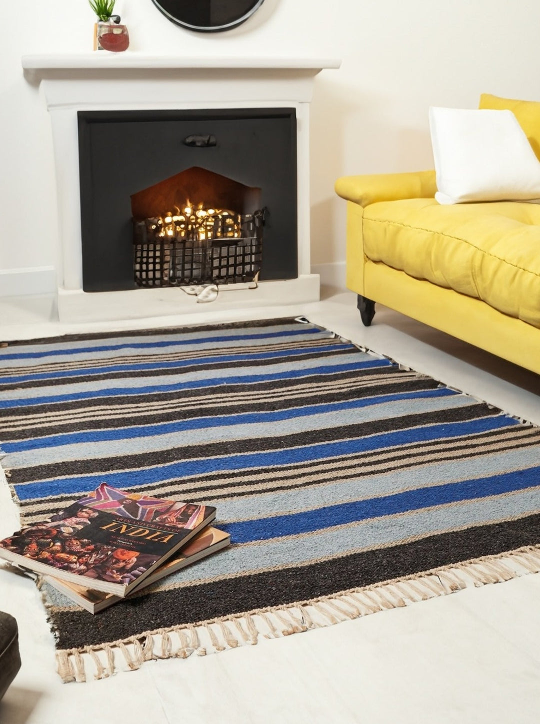 Blue Striped Plain Yarn Cotton Rug Second Nature Online