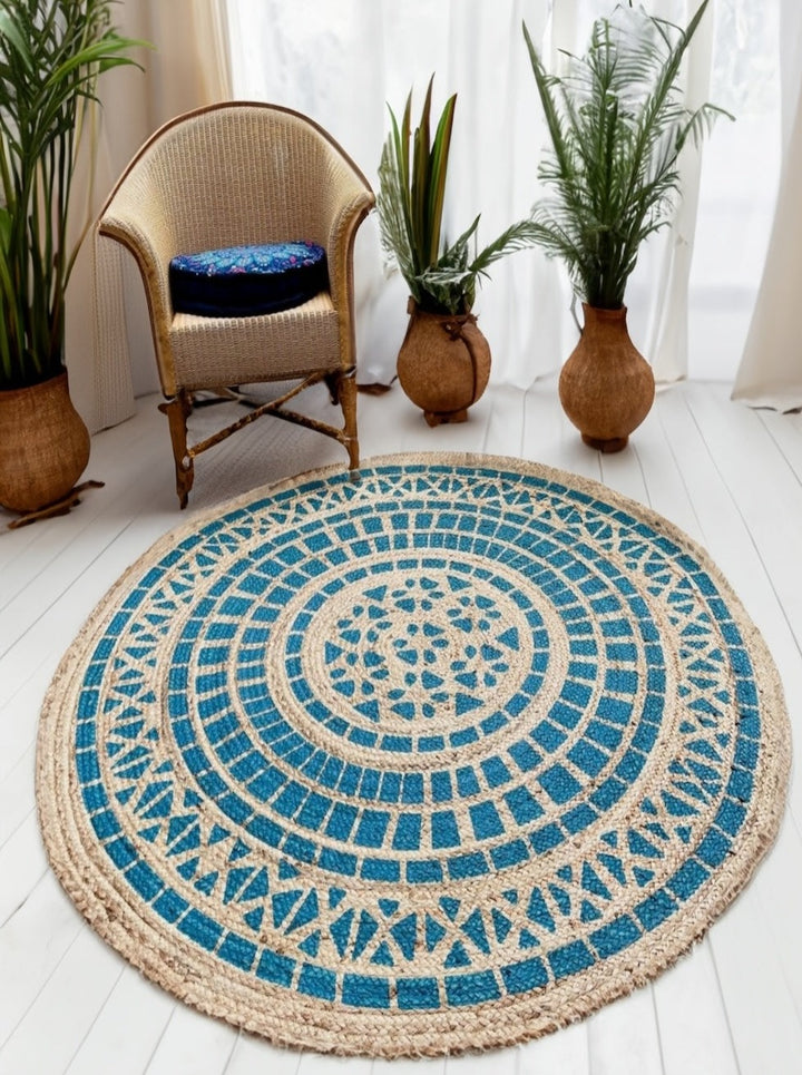 Blue Turquoise Mandala Round Jute Rug Second Nature Online