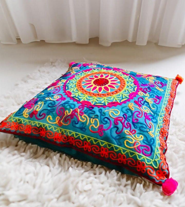 Blue Boho Mandala Pattern Cushion Cover