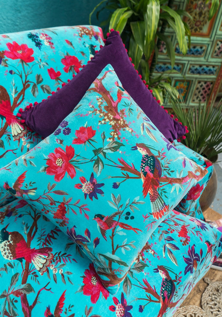 Velvet Cushion Cover with Bird of Paradise Design 4 Colours Available