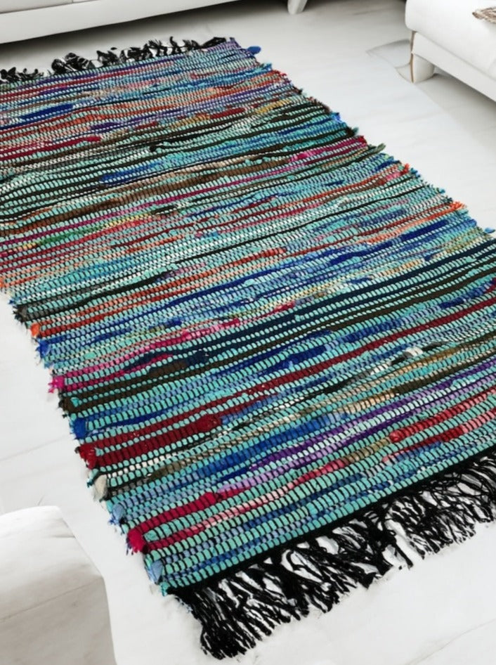 Small Blue Fleece Rag Rug With Black Fringes