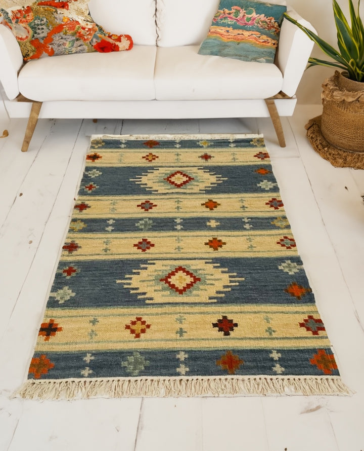 Blue Kilim Rug | Wool and Cotton | Geometric | Small Medium Large