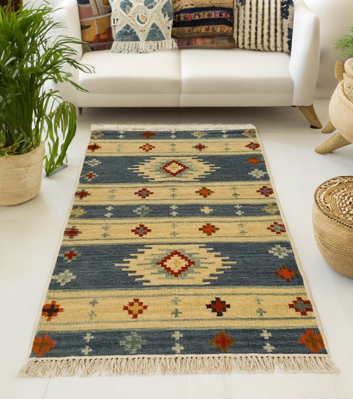 Blue Kilim Rug | Wool and Cotton | Geometric | Small Medium Large