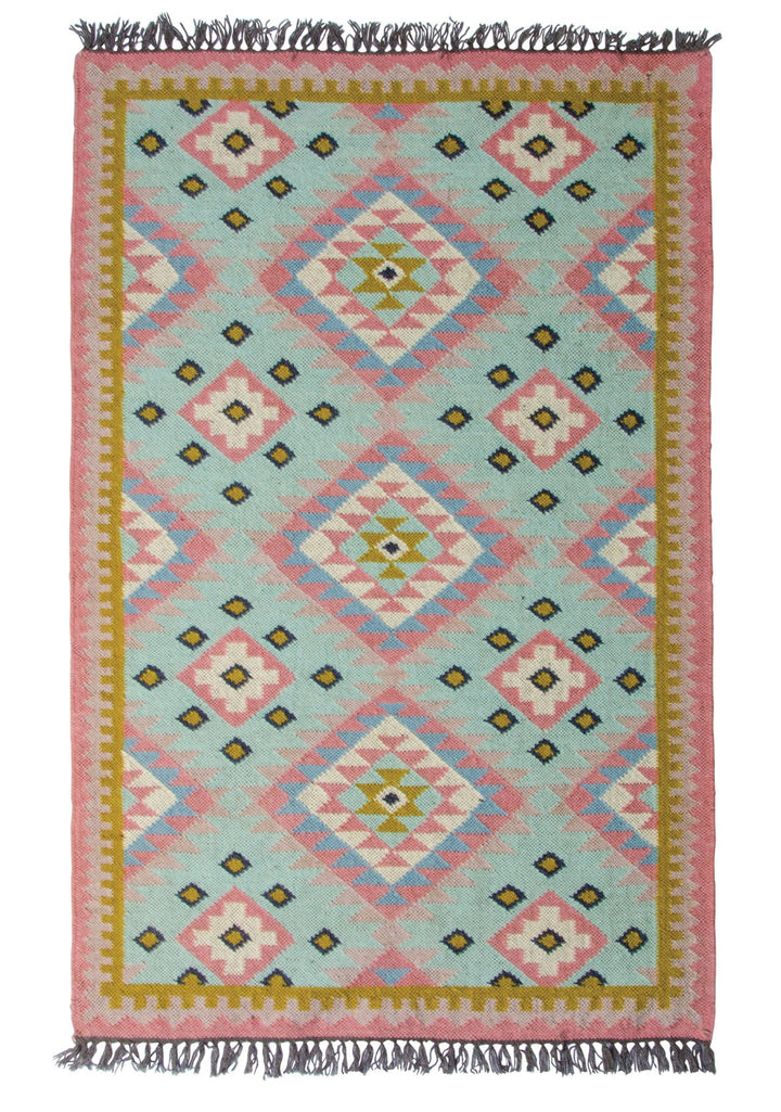 Blue Pink Wool Cotton 90 cm x 150 cm Kilim Rug