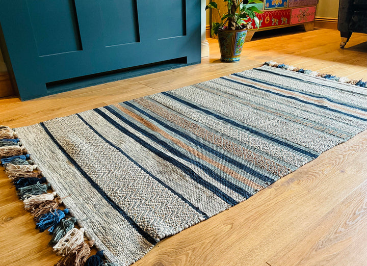 Multi Colour Cotton Geometric and Striped Rug With Multi Colour Tassels 90 cm x 150 cm