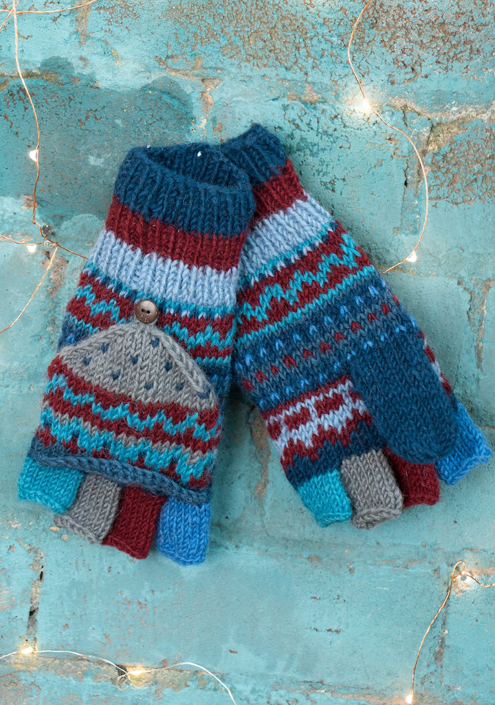 New Zealand Wool Hunter Gloves Blue Multi Colours Striped Pattern