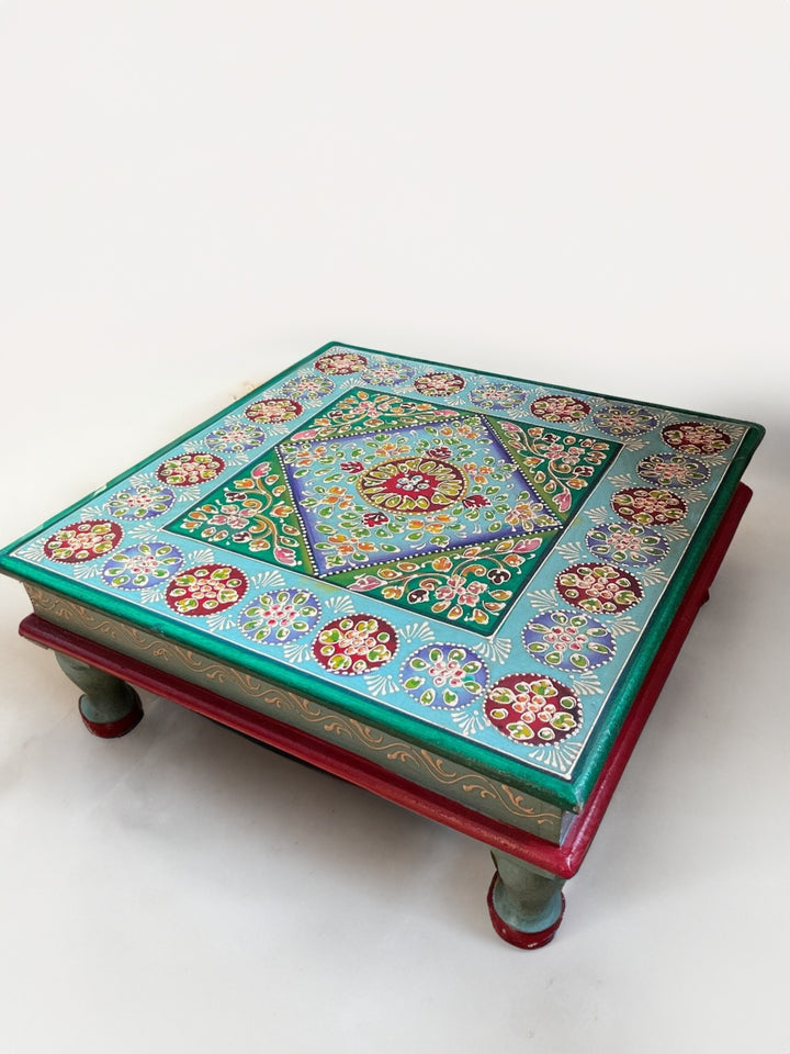 Hand Painted Turquoise Wooden Bajot Coffee Side Table