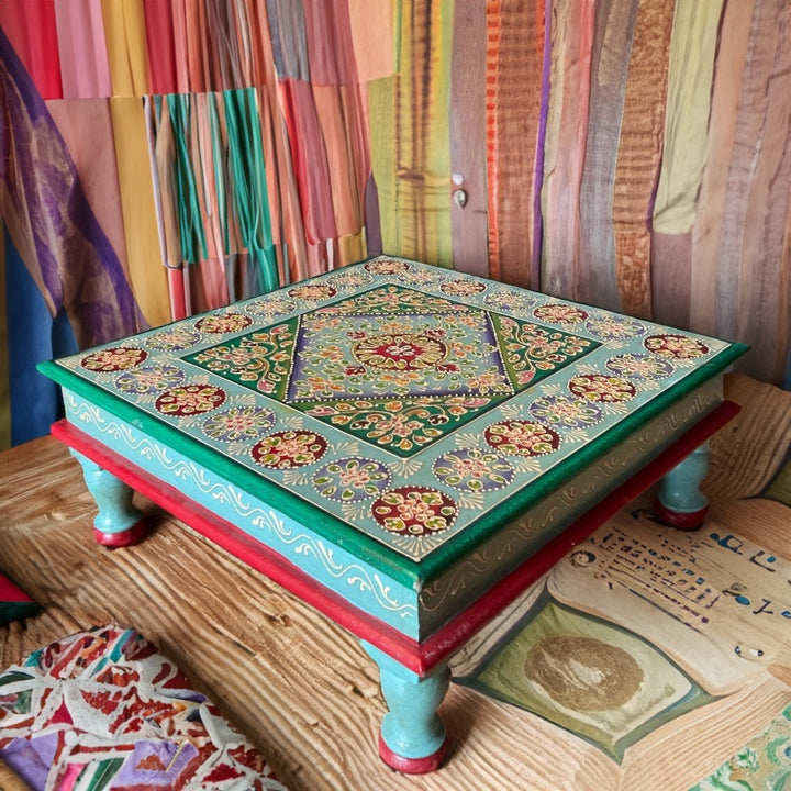 Hand Painted Turquoise Wooden Bajot Coffee Side Table