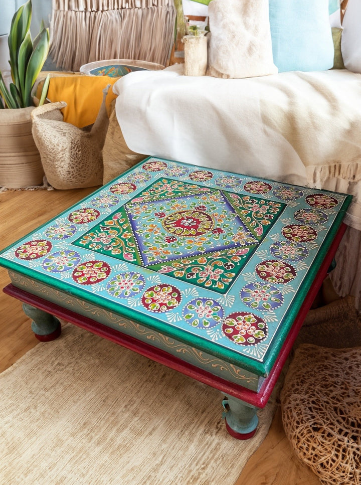Hand Painted Turquoise Wooden Bajot Coffee Side Table