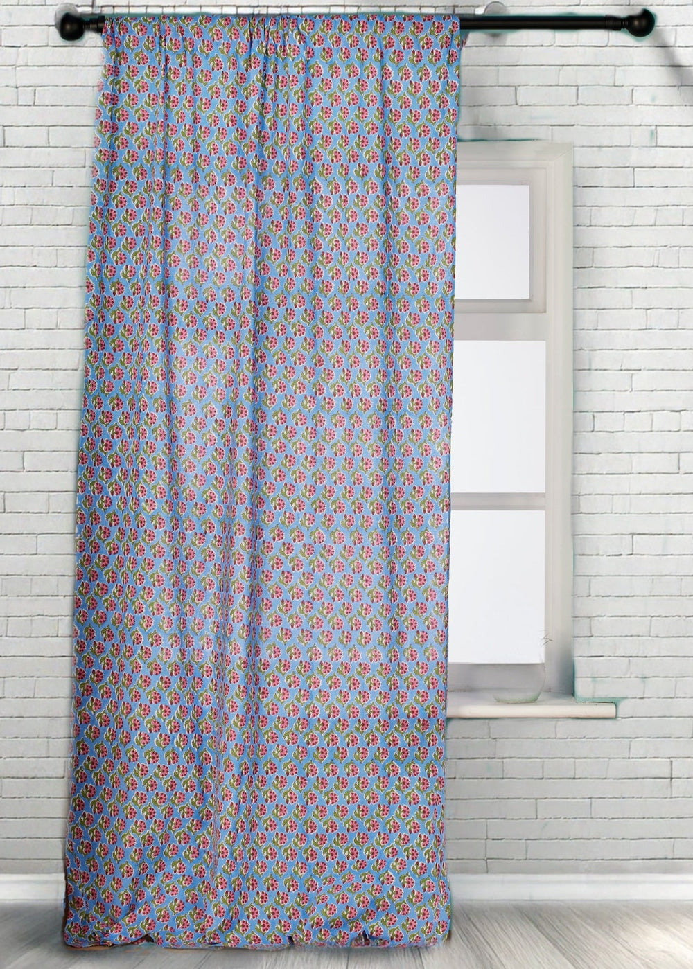 Blue Floral Cotton Curtain Drape - Second Nature Online