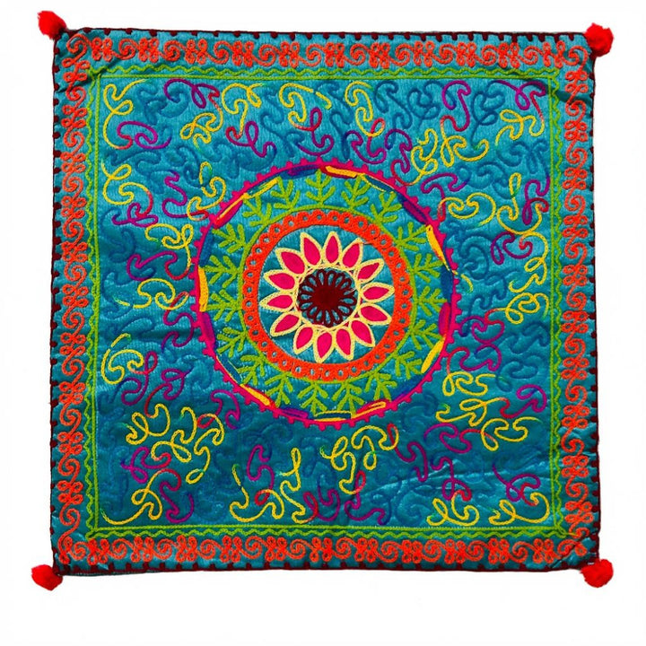 Blue Boho Pom Pom Indian Design Cushion Cover - Second Nature Online