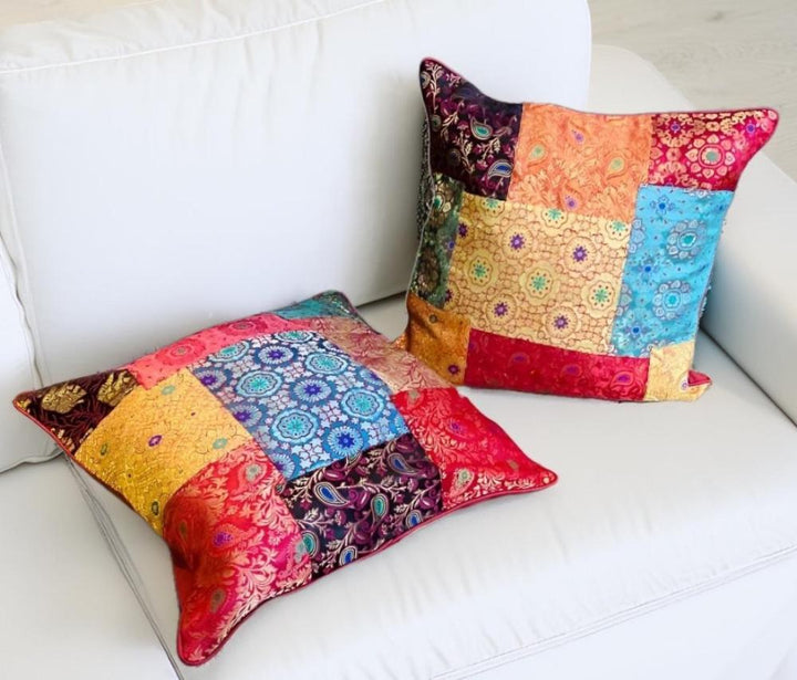 Brocade Sari Patchwork Cushions on a sofa