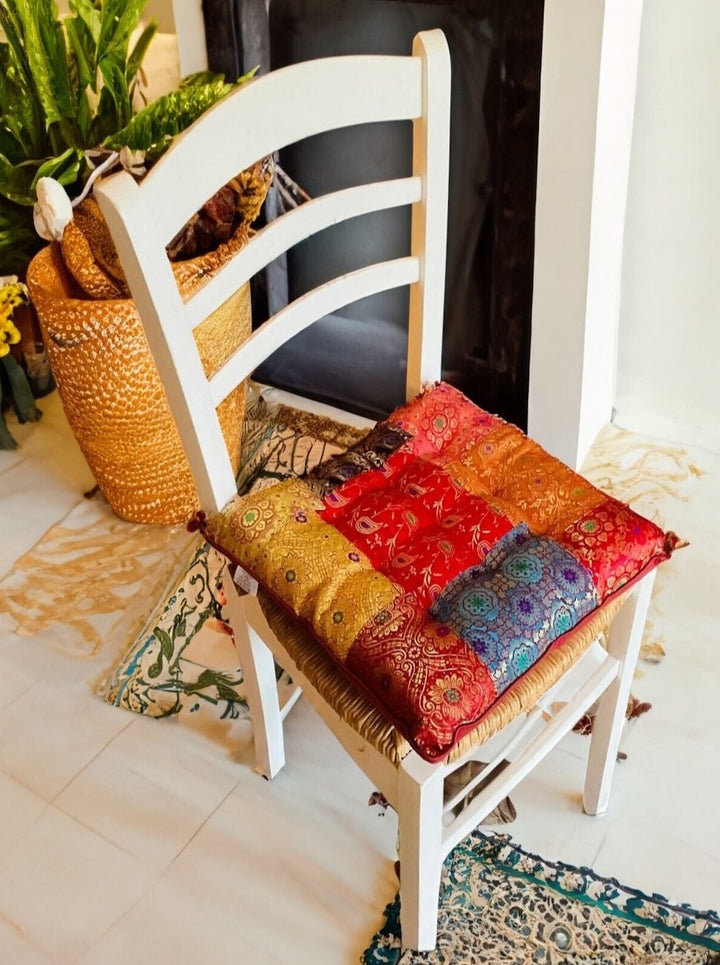 Chair Pad Cushions made with Recycled Sari and Brocade Patchwork