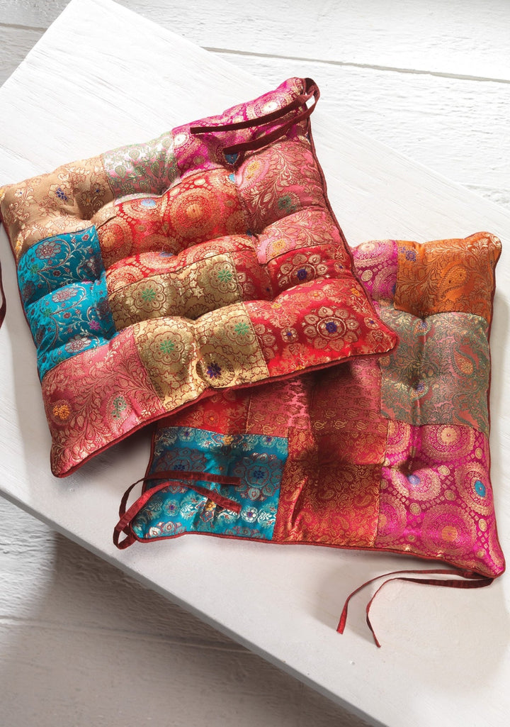 Brocade Sari Red Patchwork Seat Pads - Second Nature Online