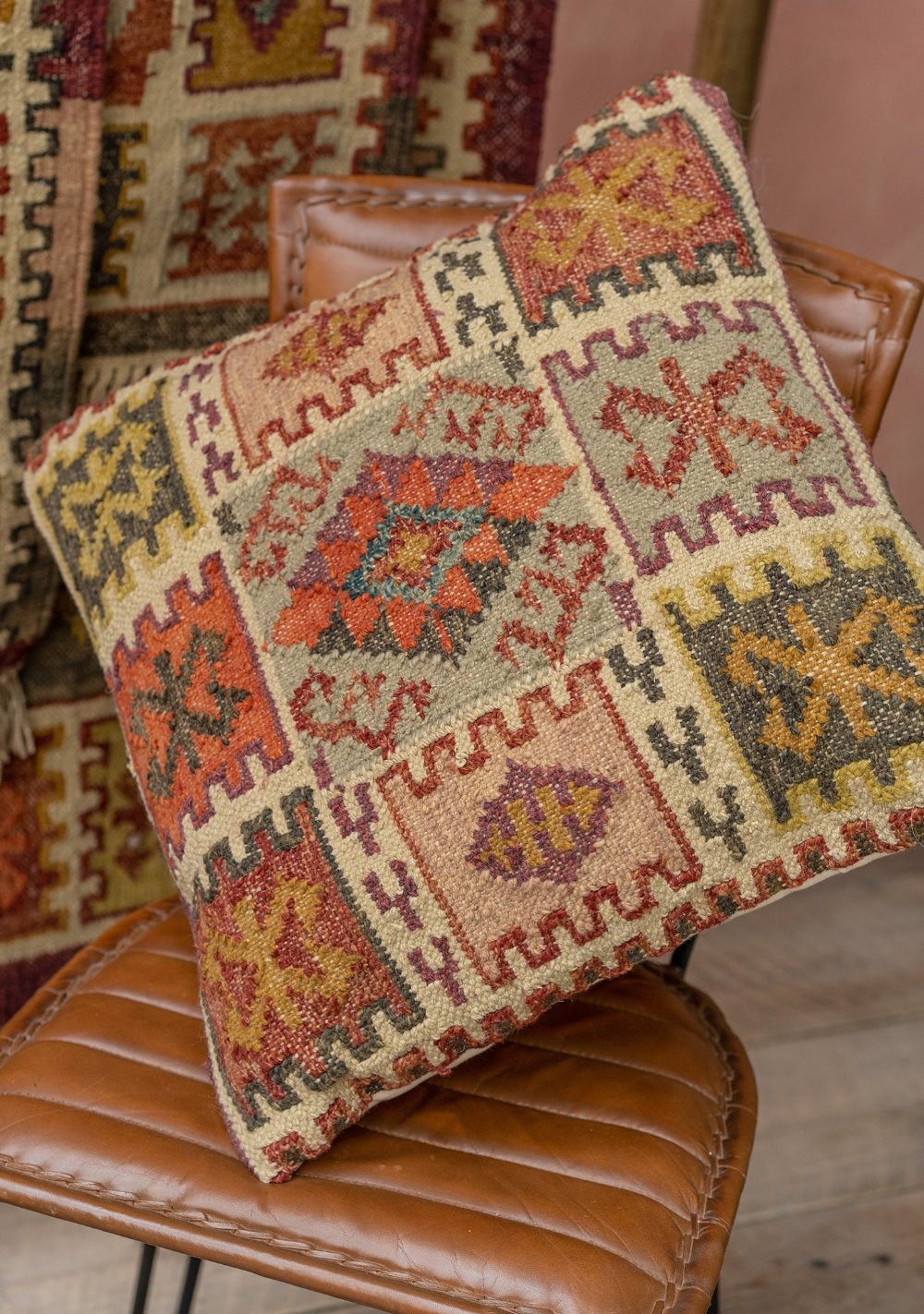 Natural Brown Red Geometric Kilim Cushion Cover Made from PET Yarn