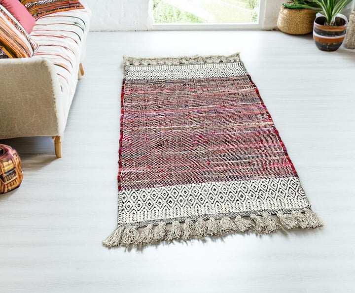 Chenille Rectangle Geometric Rag Rug Red Striped Design