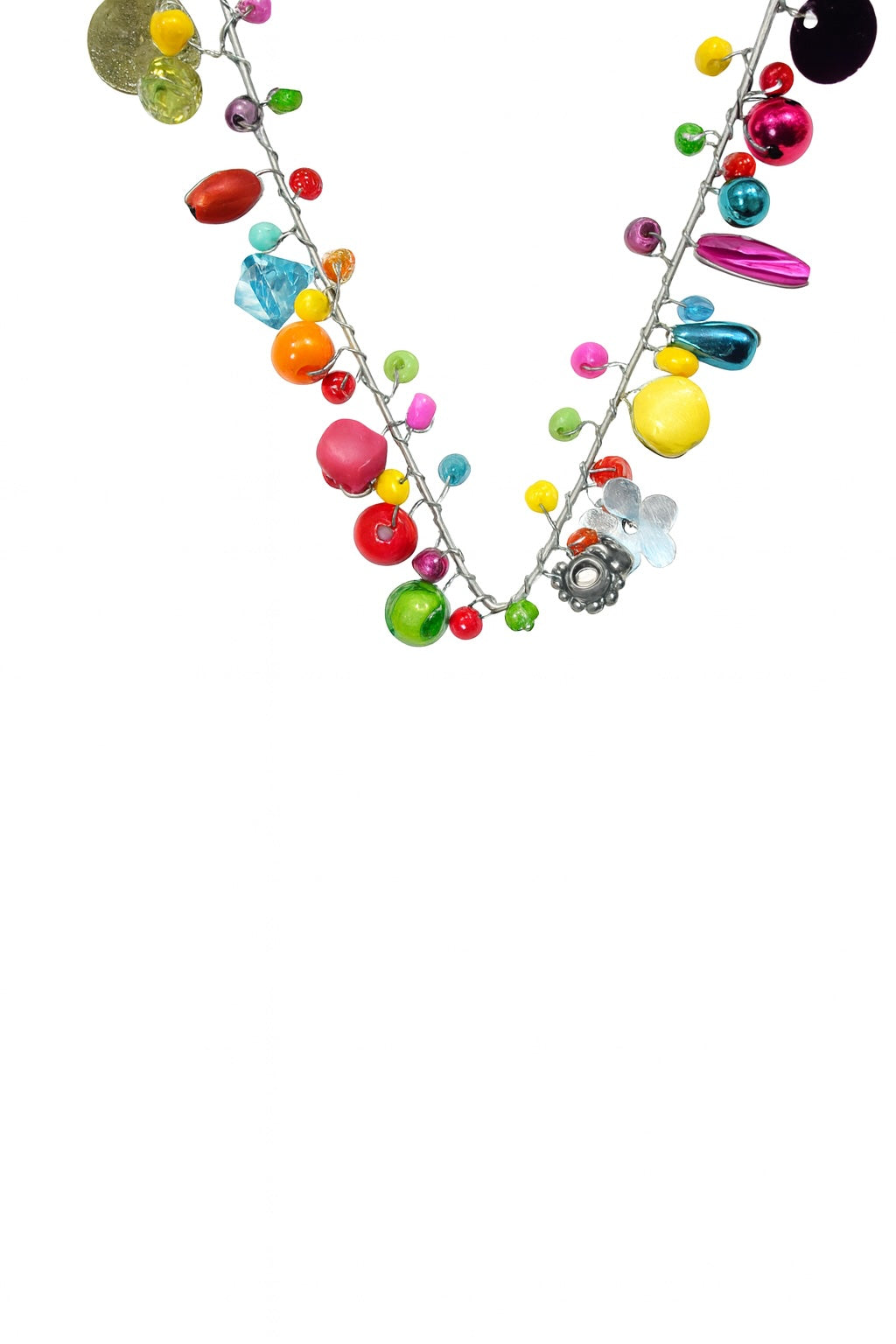 Coloruful close up of hanging with multicoloured beads on a white background