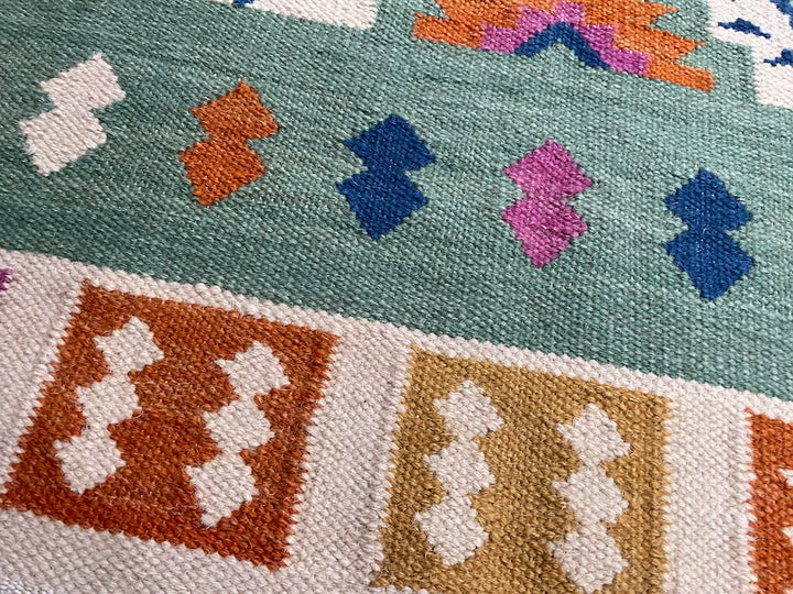 Handwoven Indian Kilim Rug – 120x180cm Wool & Cotton | Colourful Geometric Flatweave