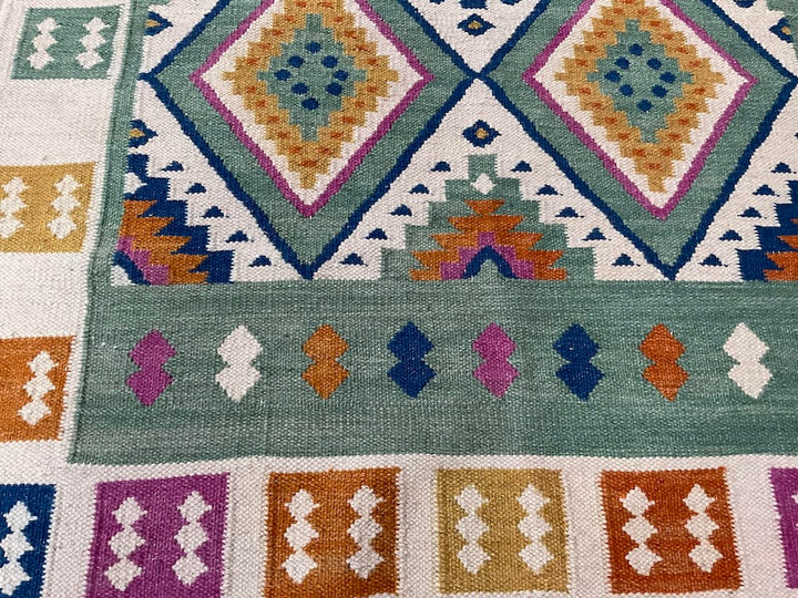 Handwoven Indian Kilim Rug – 120x180cm Wool & Cotton | Colourful Geometric Flatweave