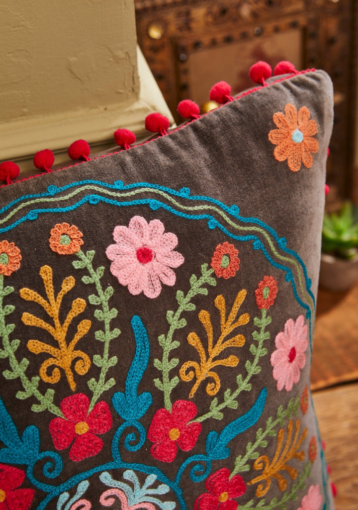 Close up of grey velvet cushion cover