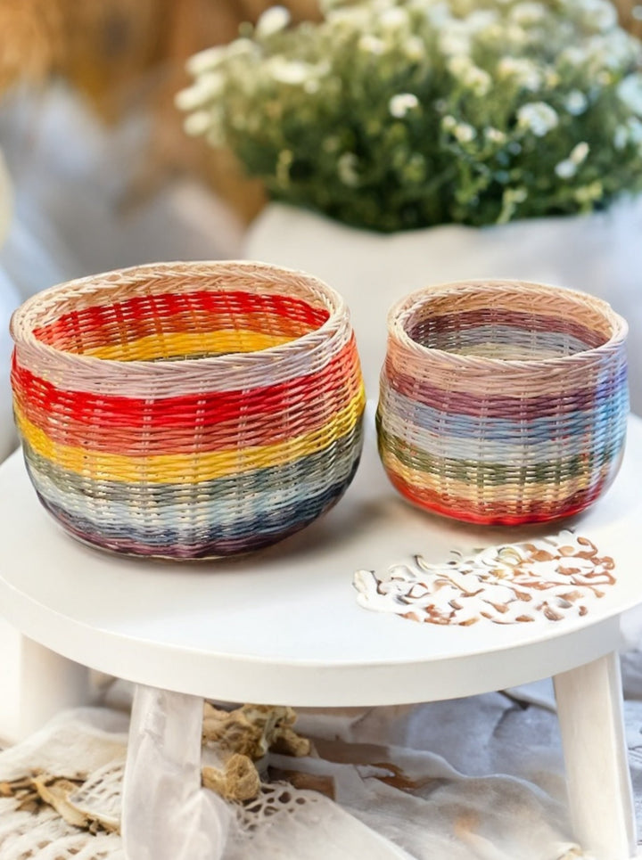 Set of Two Rainbow Multi Colour Rattan Baskets