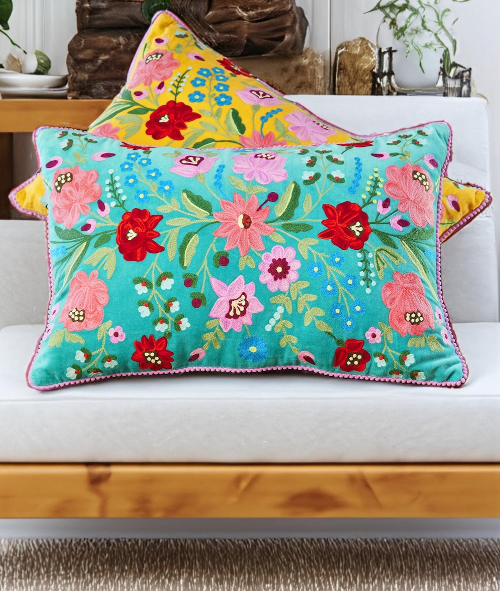 Blue Cotton Velvet Cushion Cover With Floral Pattern - Second Nature Online