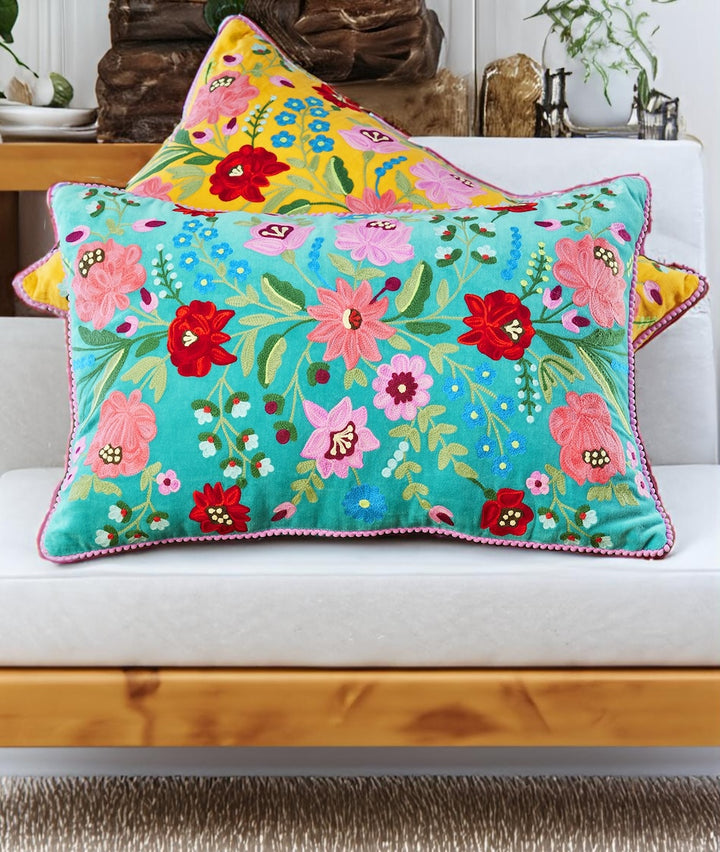 Blue Cotton Velvet Cushion Cover With Floral Pattern - Second Nature Online