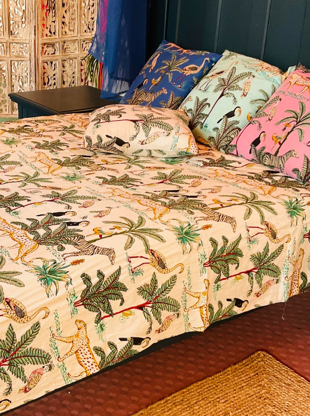 Cream Cotton. Jungle Print Bedcover Throw - Second Nature Online