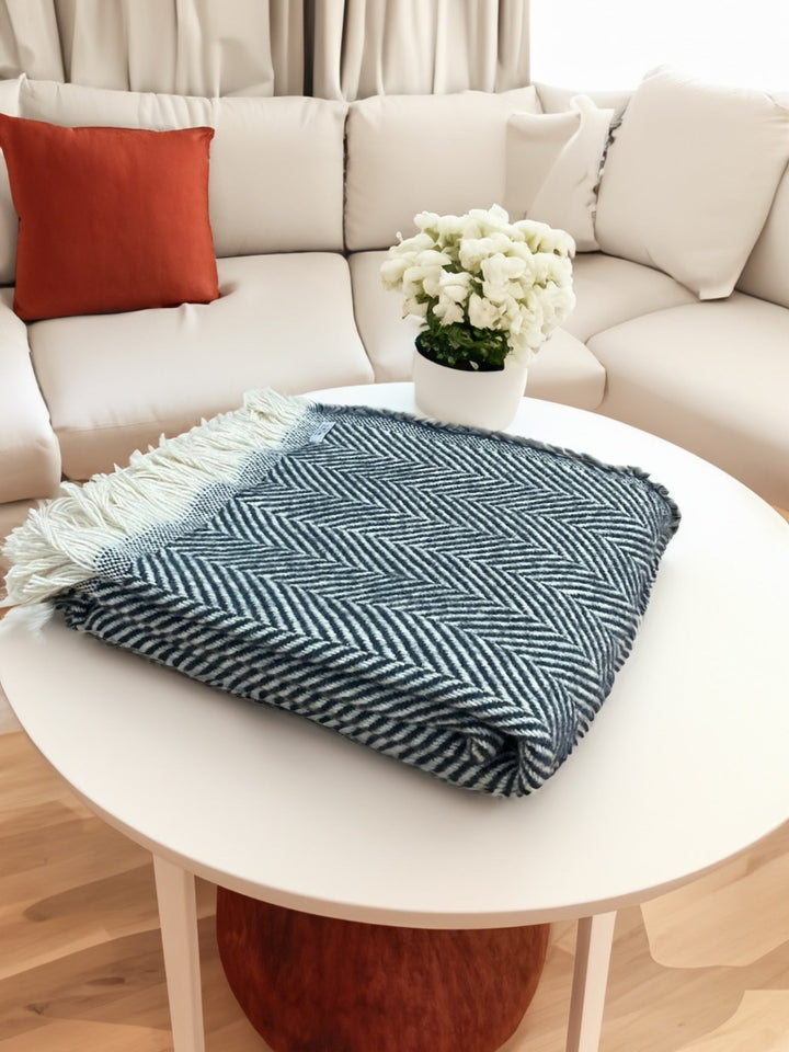 Dark Blue Chevron Wool Throw Blanket - Second Nature Online