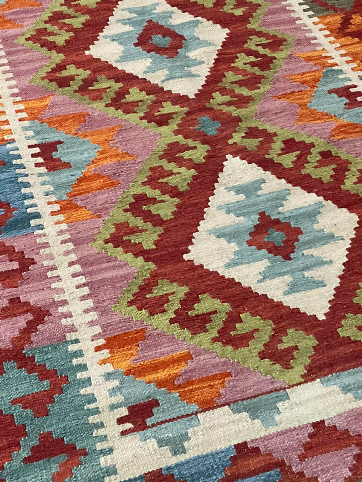 Diamond Kilim Rug Handwoven Wool and Cotton with Geometric Design