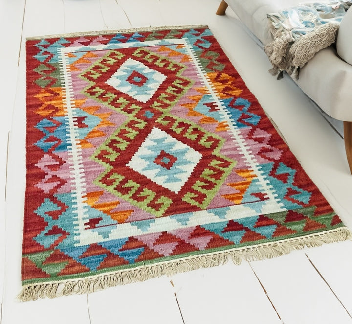 Diamond Kilim Rug Handwoven Wool and Cotton with Geometric Design