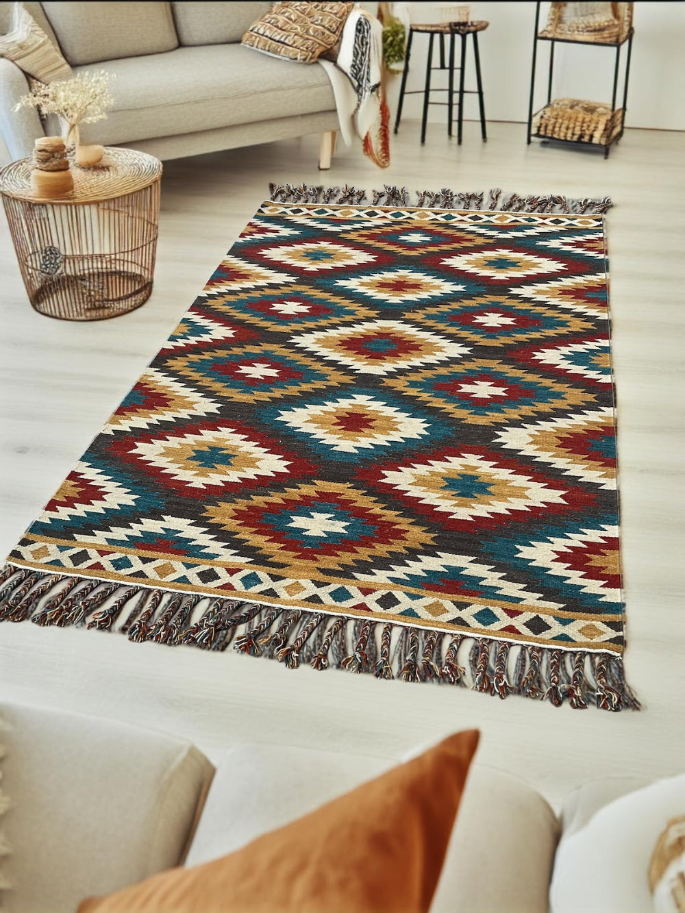 Wool cotton geometric rug with chunky tassels - Second Nature Online