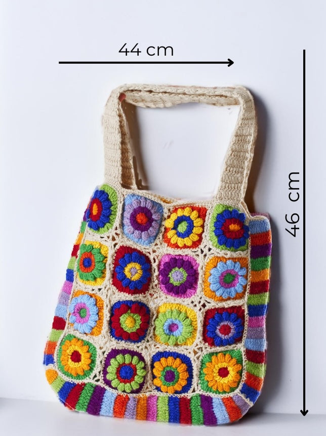 Wool Crochet Rainbow Cream Bag 46 cm x 44 cm