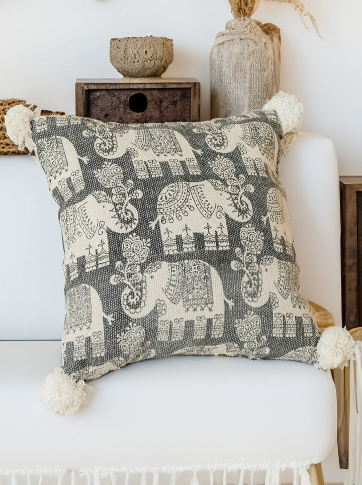 Elephant Print Cushion Covers Soft Cotton With Pom Poms