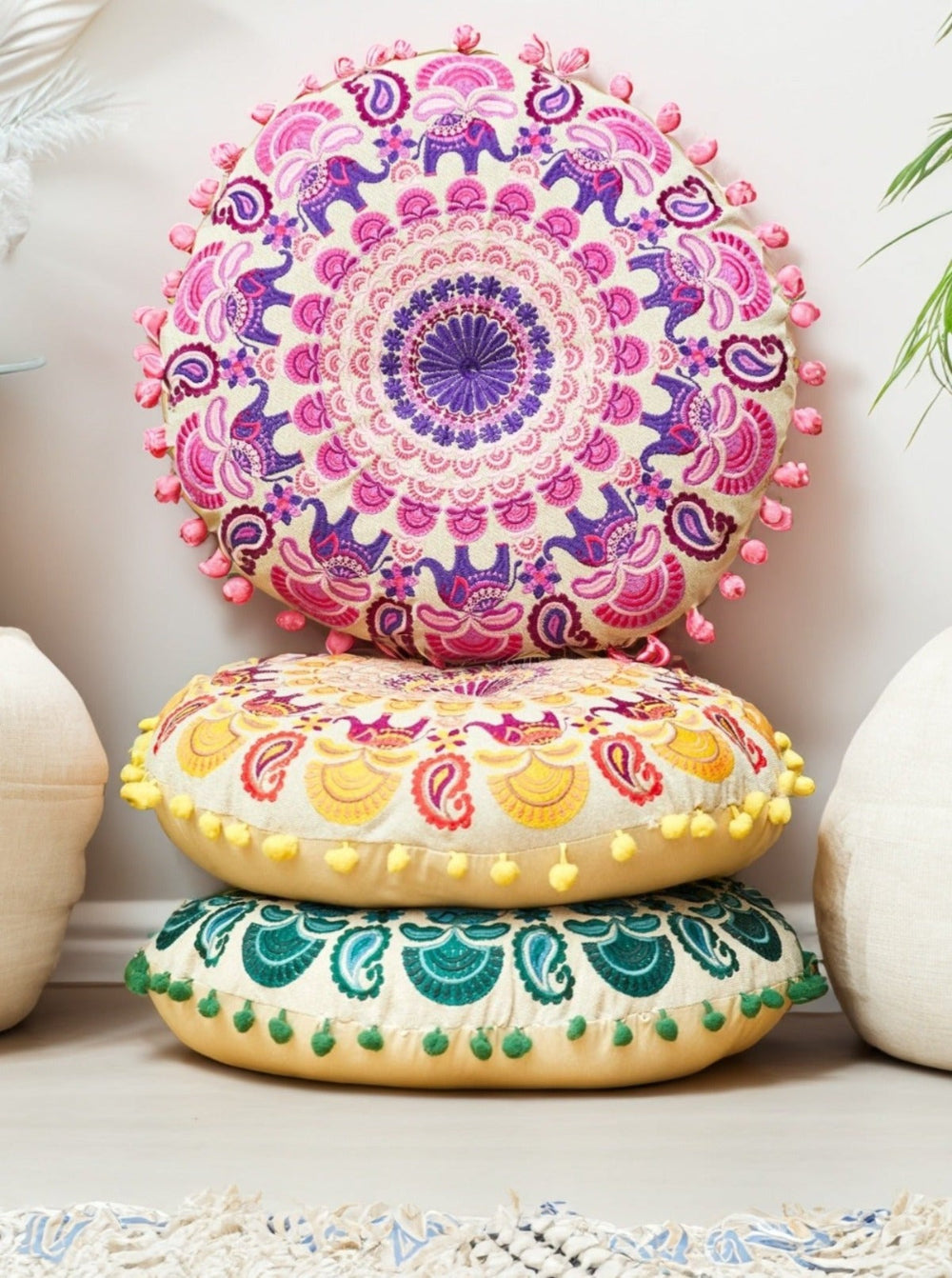 Elephant Cotton Pom Pom Yoga Cushion Pouffe