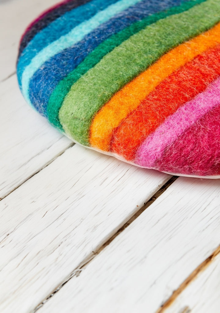 Hand Crafted 100% Wool Felt Round Rainbow Pre Filled Cushion 35 cm x 35 cm x 3 cm