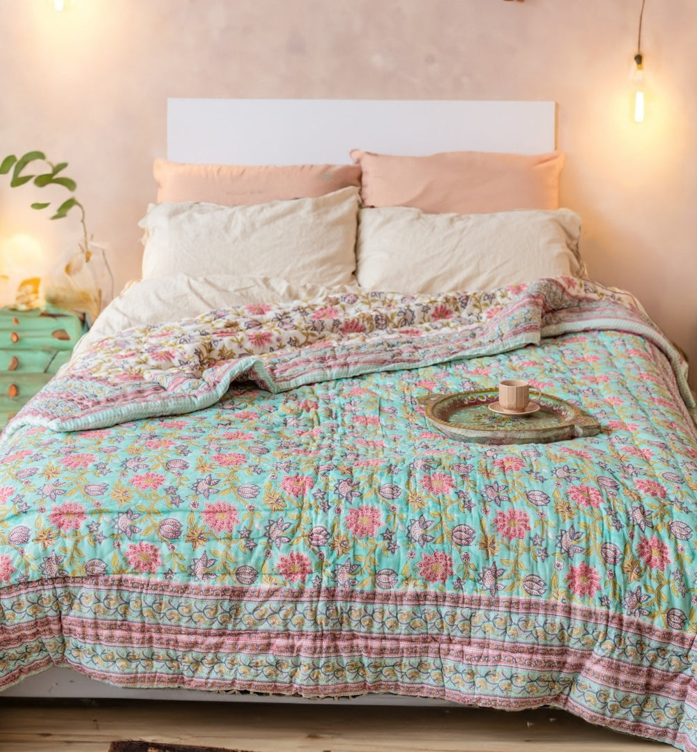 Floral Pink and Blue Indian Cotton Quilt - Second Nature Online