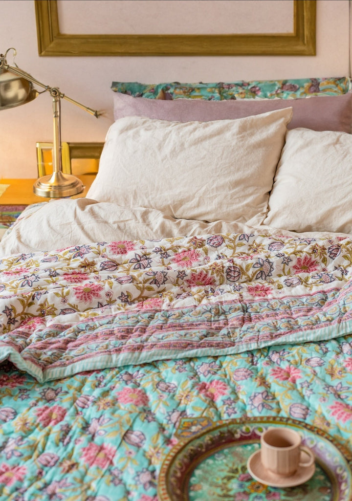 Floral Cotton Block Print Quilt - Second Nature Online