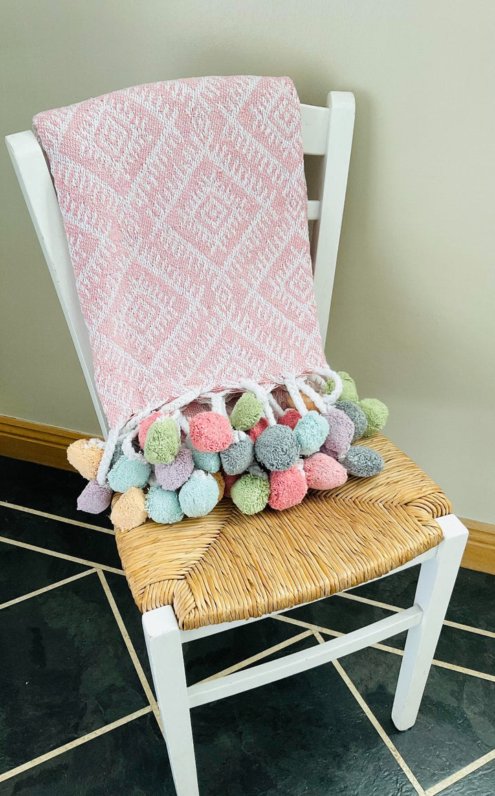 Rose Pink Recycled Cotton Throw with Multi Colour Pom Poms