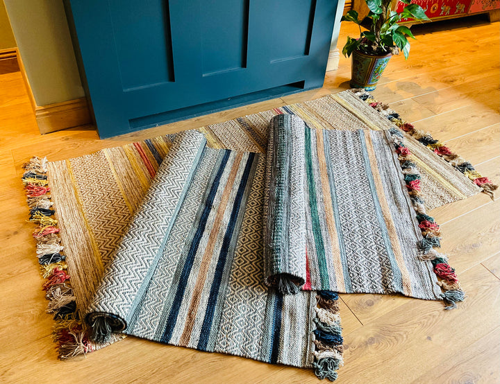 Multi Colour Cotton Geometric and Striped Rug With Multi Colour Tassels 90 cm x 150 cm